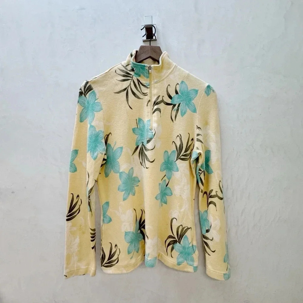 VTG Caribbean Joe || Knit Hawaiian Floral Quarter Zip Sweater Small